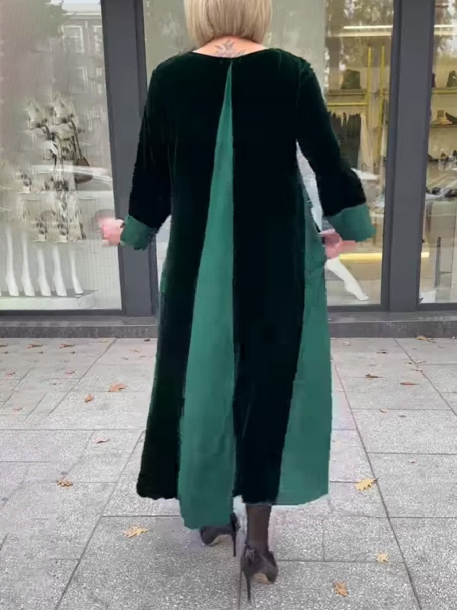 Velvet Patchwork Long Sleeve Midi Dress