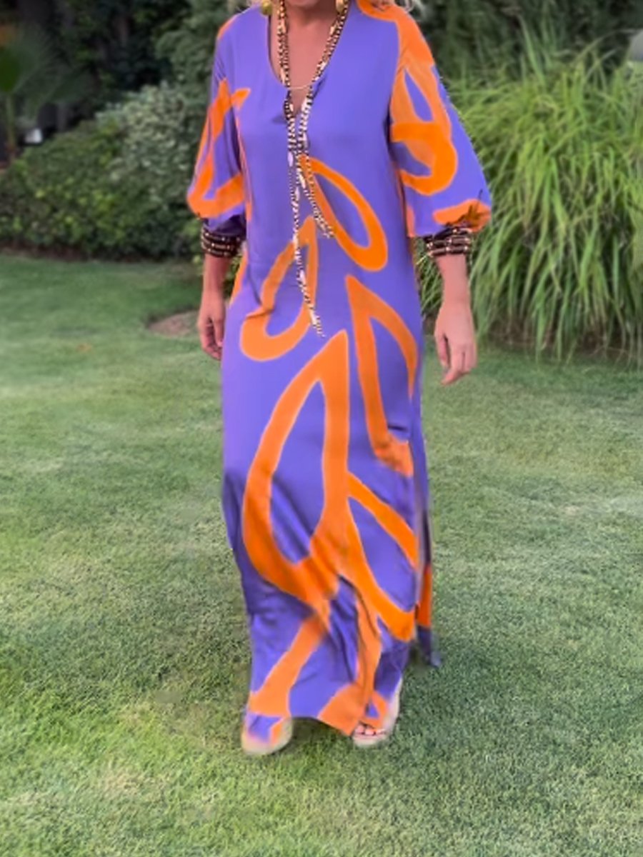 Printed V Neck Slit Hem Loose Maxi Dress