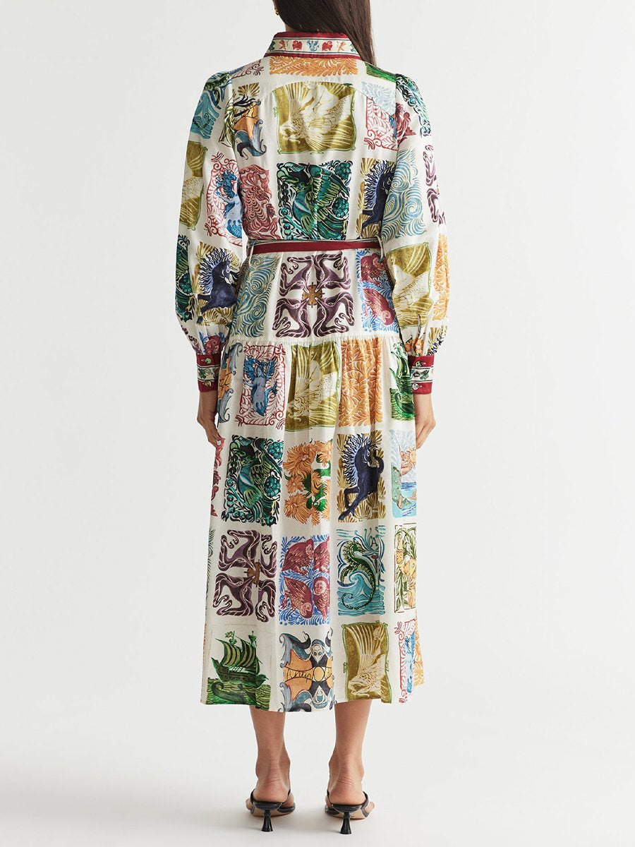 Printed Lantern Sleeve Belted Shirt Dress