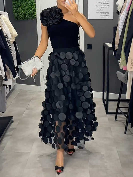 3D Wave Dot Mesh Midi Skirt