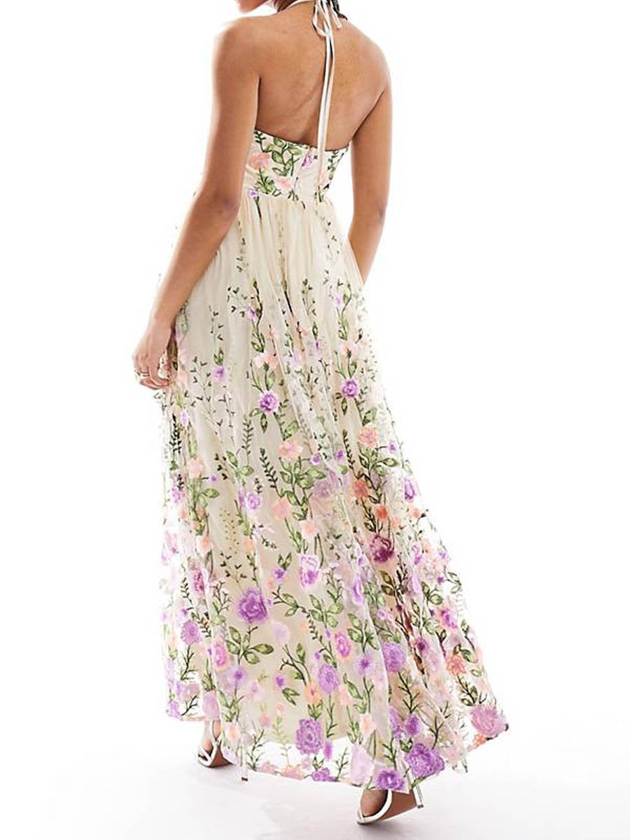 Embroidered Halter Neck Prom Maxi Dress