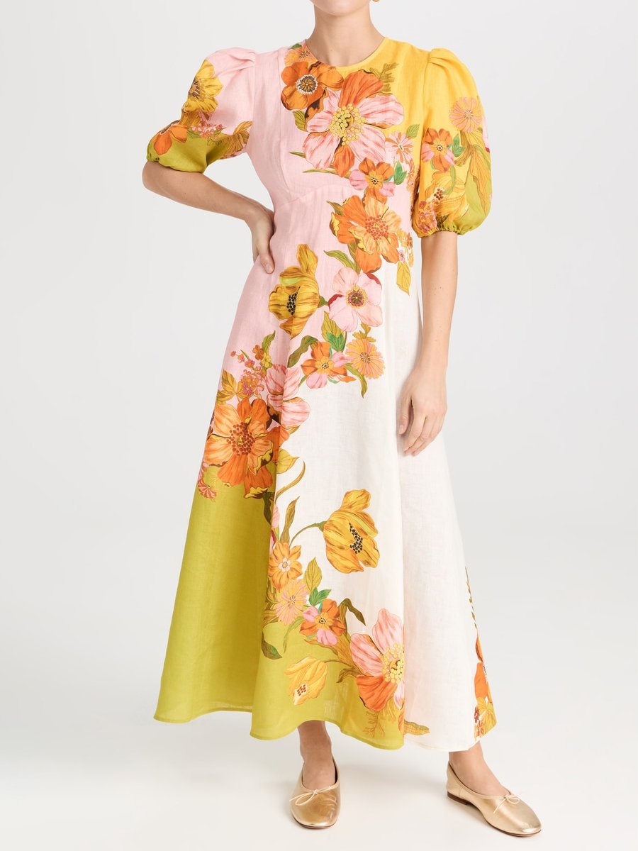 Fashion Floral Print Puff Sleeve Dress