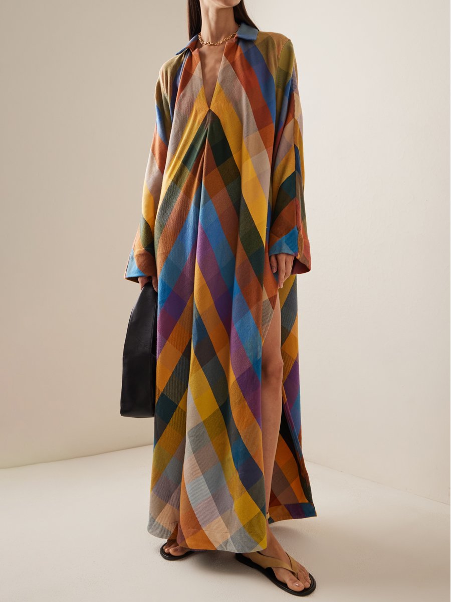 Long Sleeve Color Block Side Split V Neck Maxi Dress