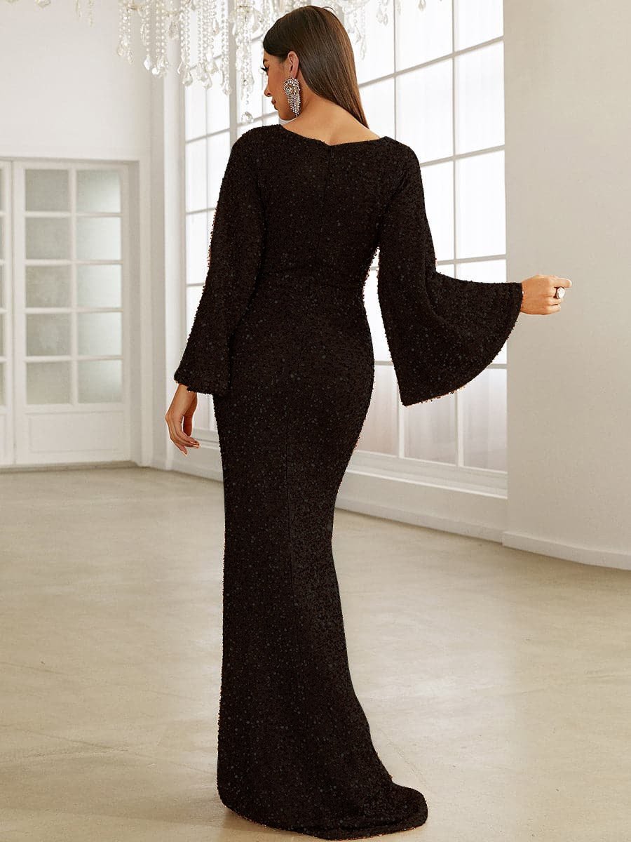 V-Neck Flared Sleeve Evening Dress