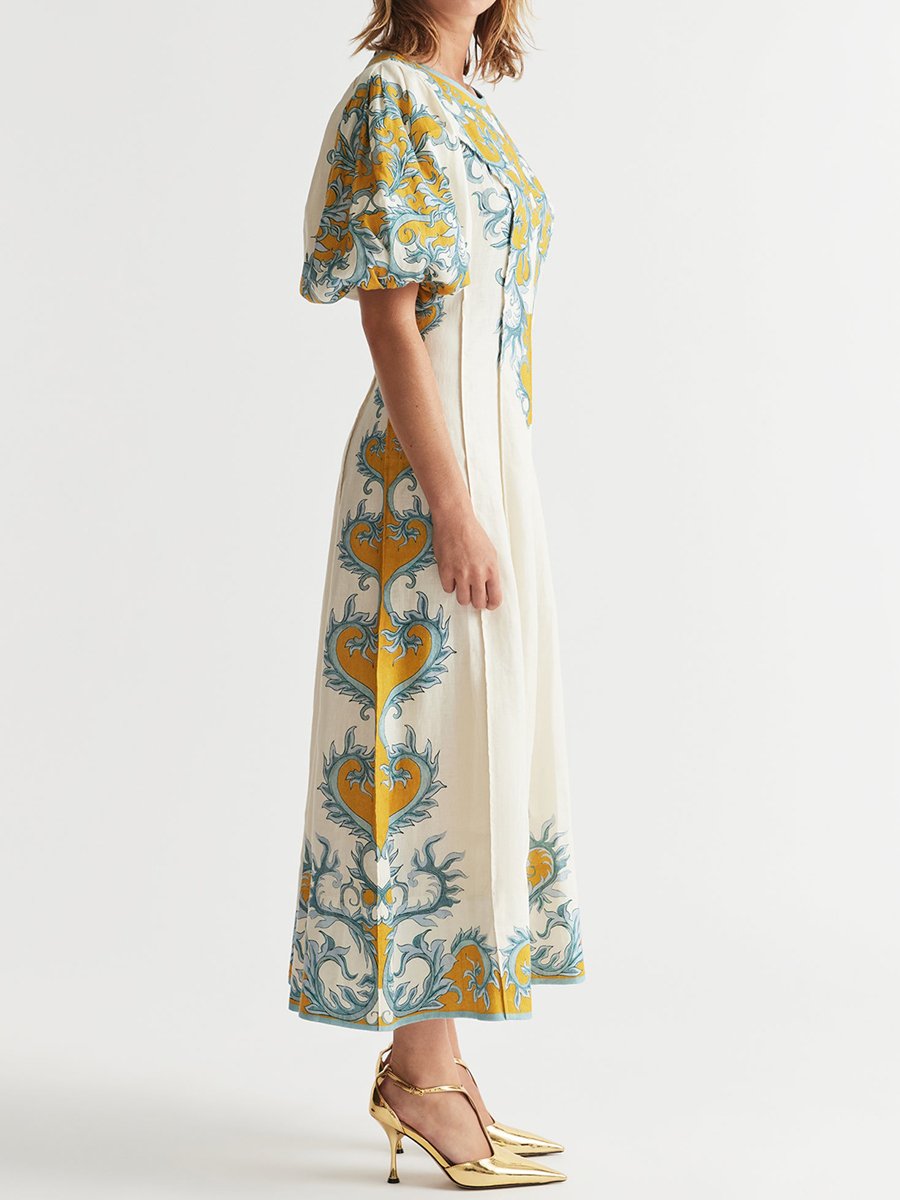 Puff Sleeve Printed Patchwork Midi Dress