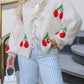 Cherry Embroidered Jacquard Cardigan Women's Strap Sweater