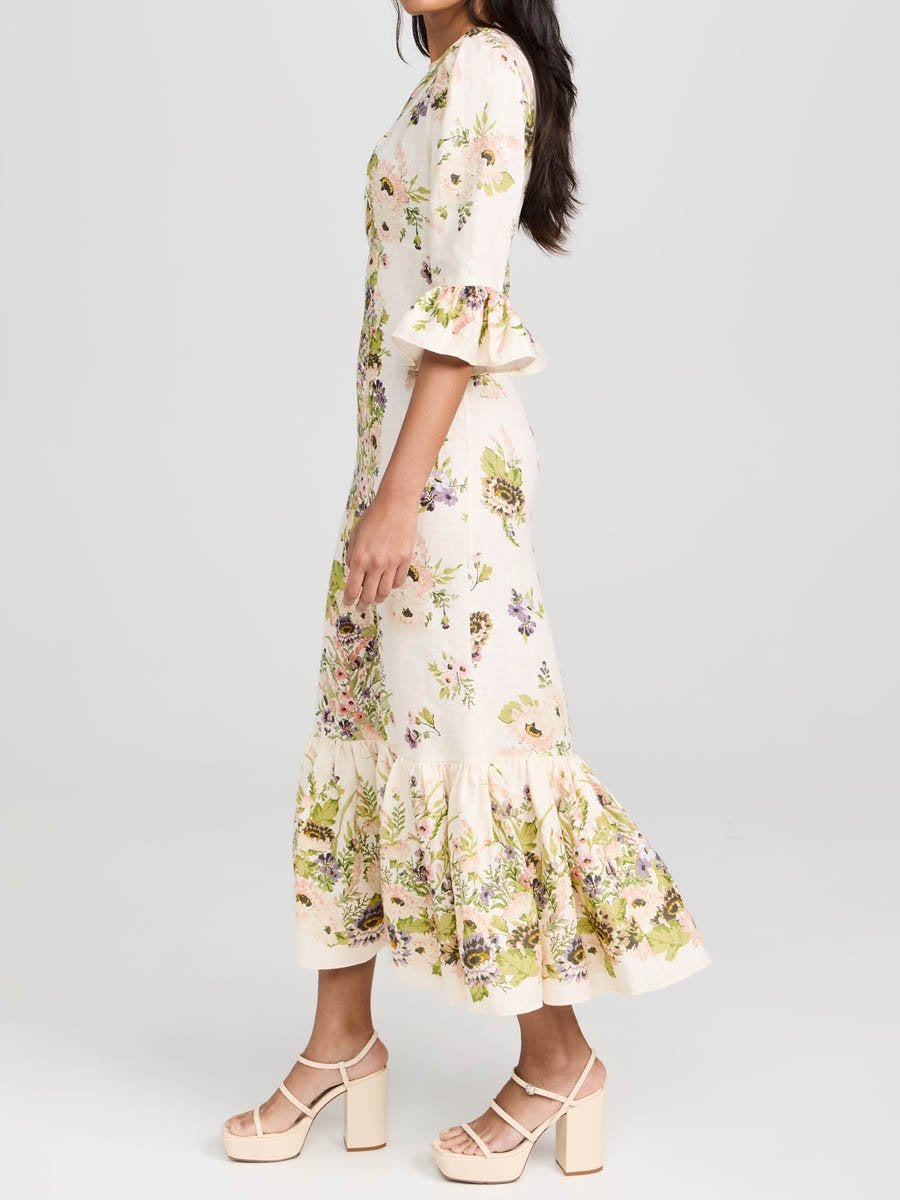 Floral Ruffled Linen Maxi Dress