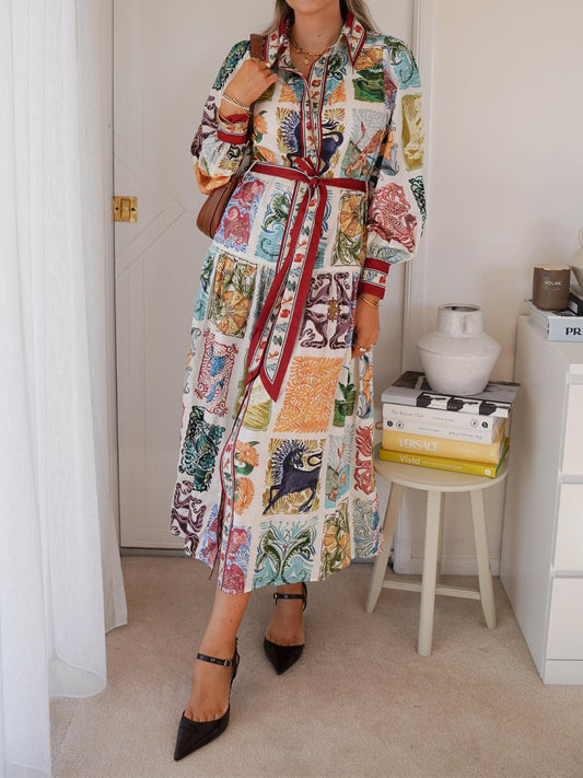 Printed Lantern Sleeve Belted Shirt Dress