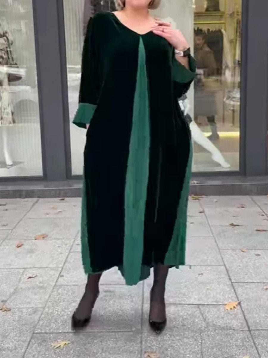 Velvet Patchwork Long Sleeve Midi Dress