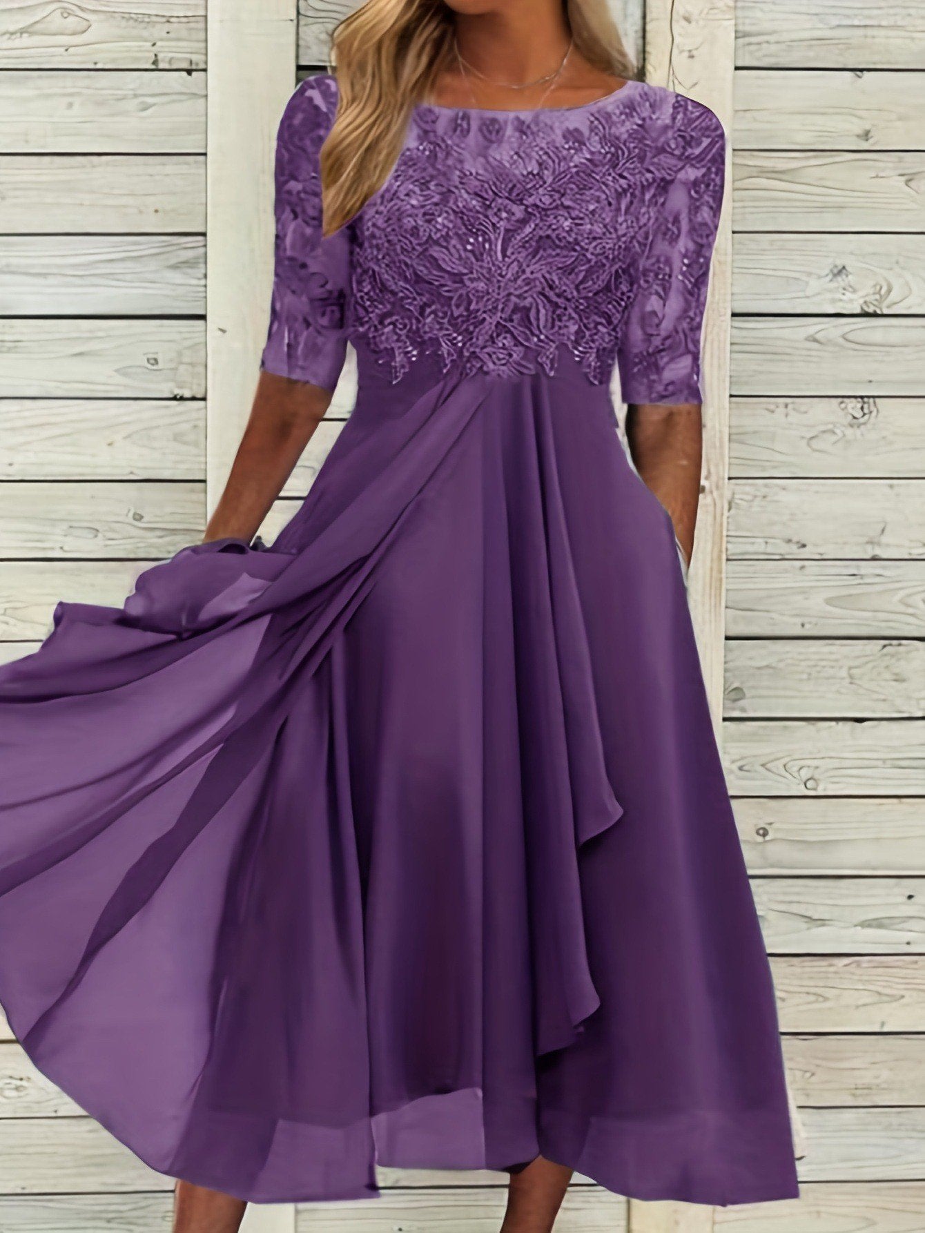 Lace Mid-sleeve Chiffon Dress