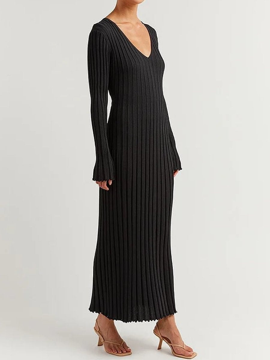 Casual V Neck Ribbed Knitted Dress