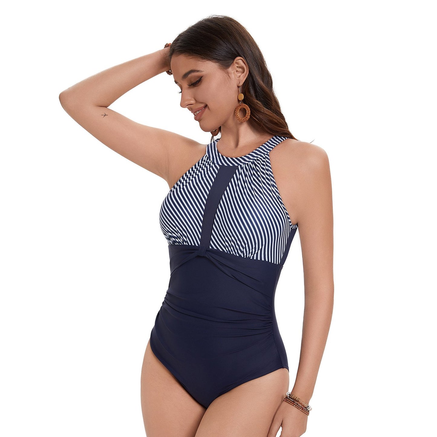 Sexy One-Piece High Neck V-Neckline Mesh Ruched Swimwear