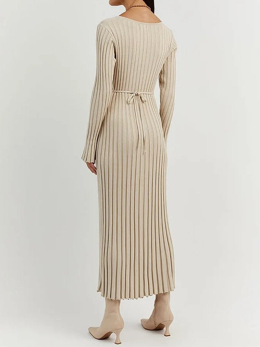 Casual V Neck Ribbed Knitted Dress