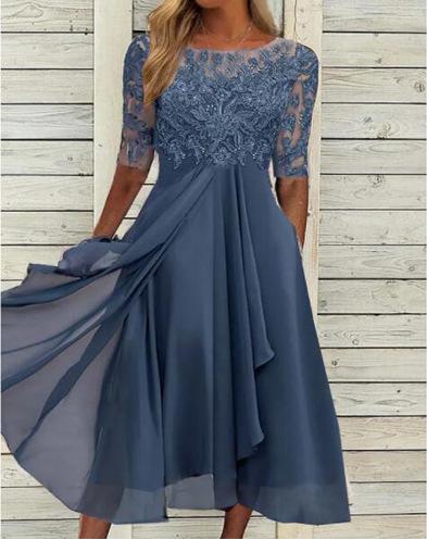 Lace Mid-sleeve Chiffon Dress