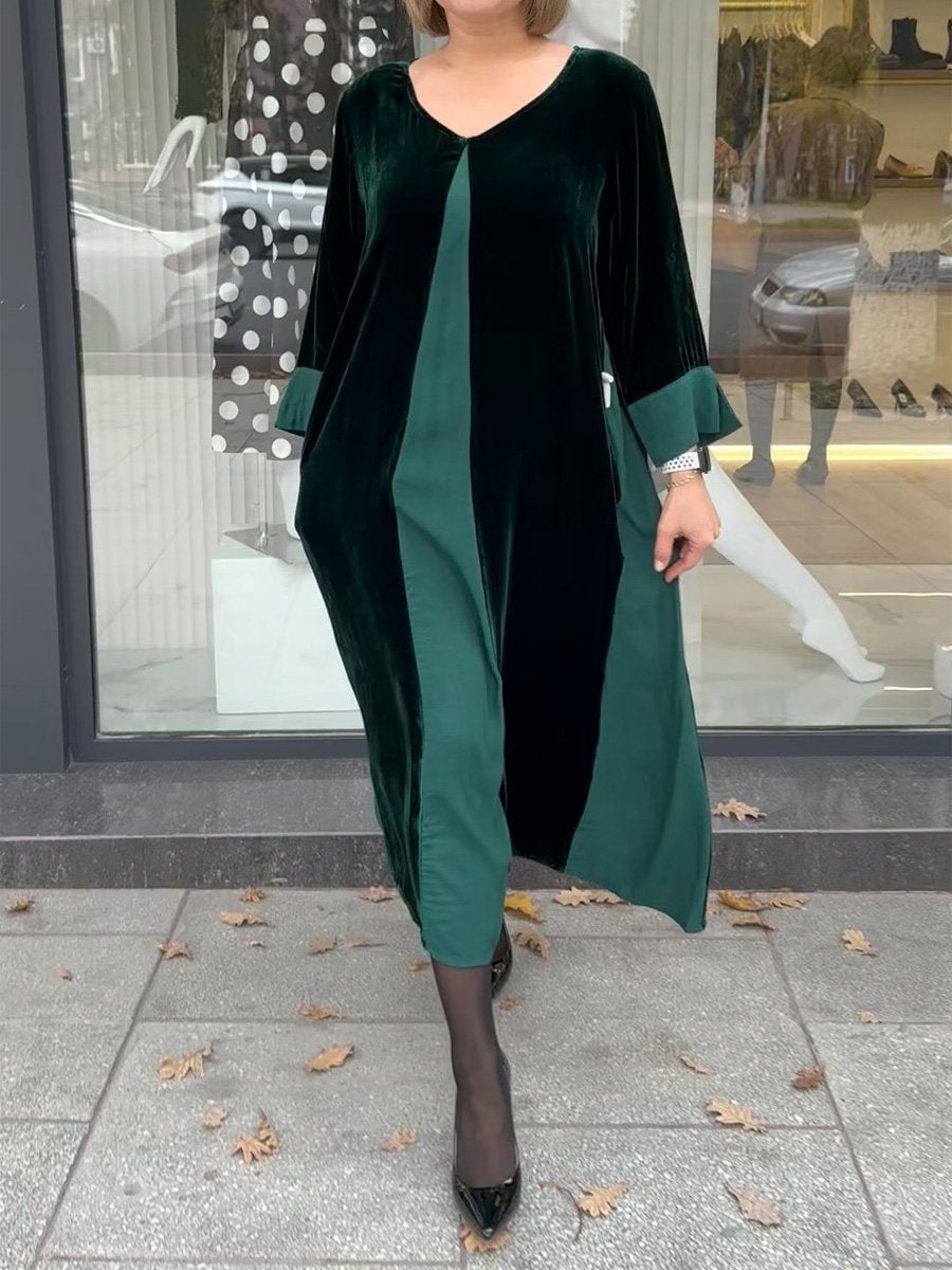 Velvet Patchwork Long Sleeve Midi Dress