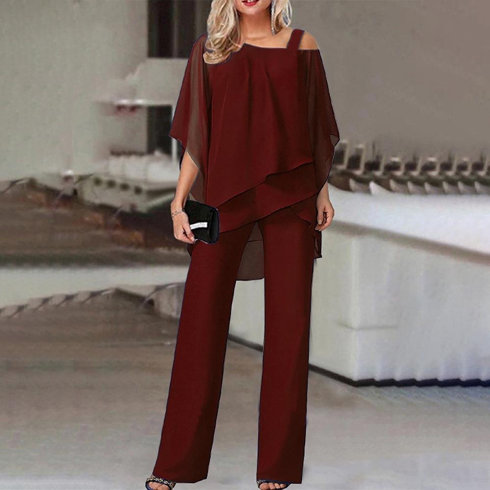 Shoulder Ruffled Tiered Top and Pants Two Piece Set