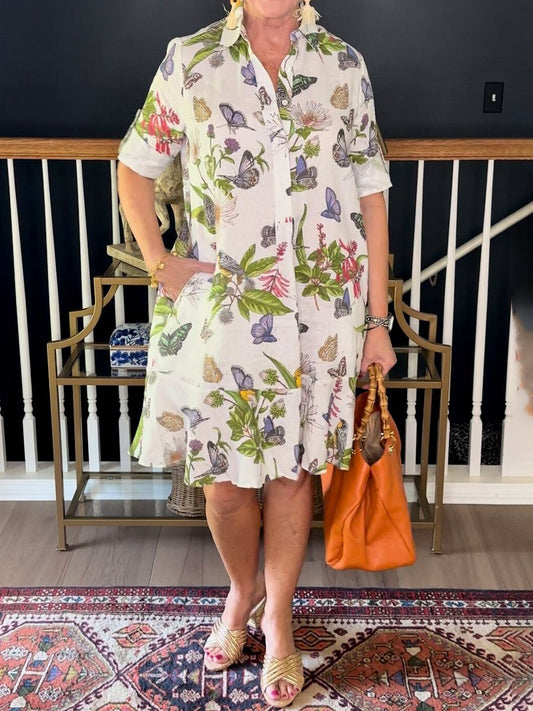 Butterfly Print  Linen Floral Dress