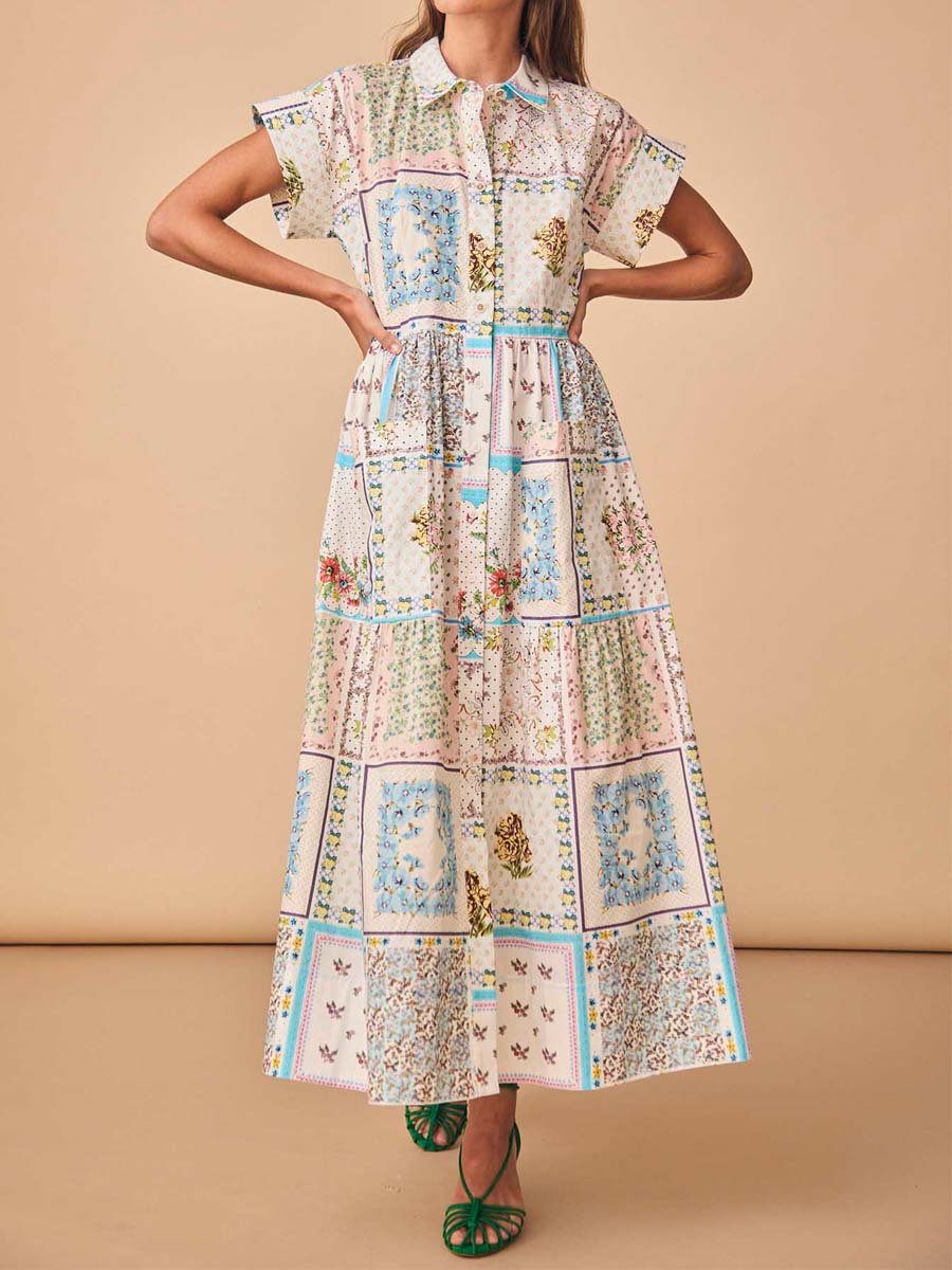 Printed Patchwork Short Sleeve Shirtdress