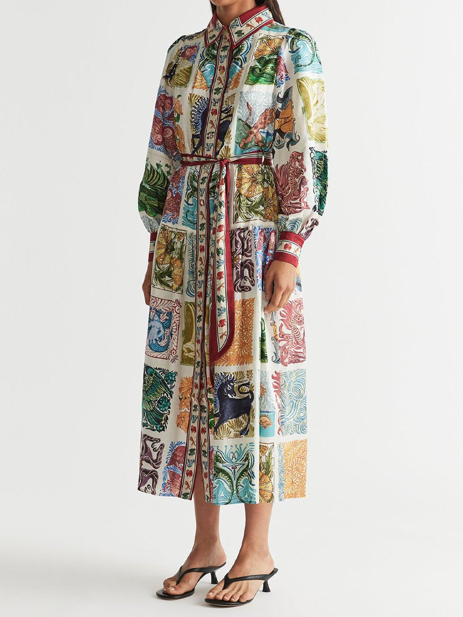 Printed Lantern Sleeve Belted Shirt Dress