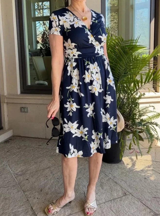 Navy Floral Short Sleeve Dress