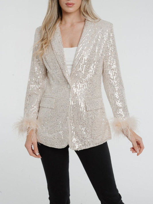 Silver Feather Trim Sequin Blazer