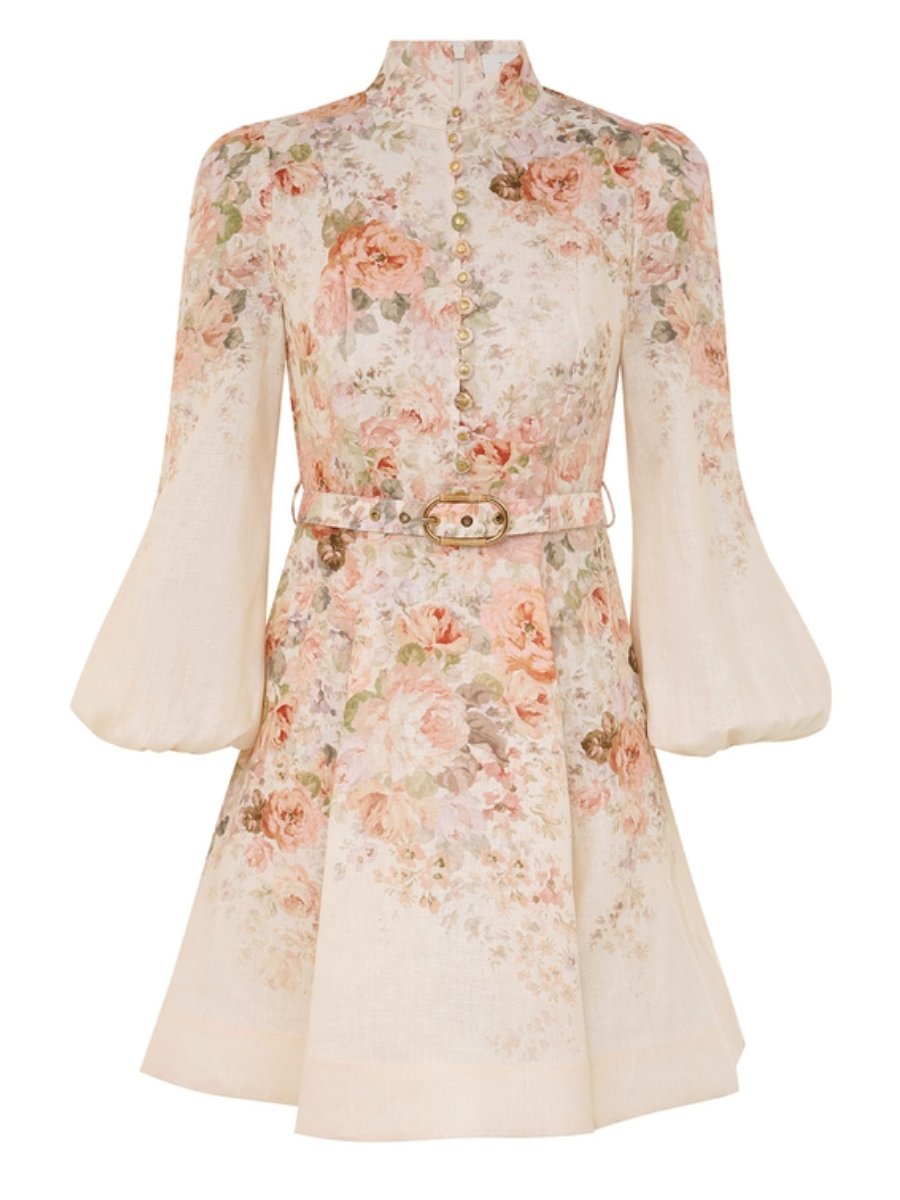 Cream Floral Buttoned Mini Dress