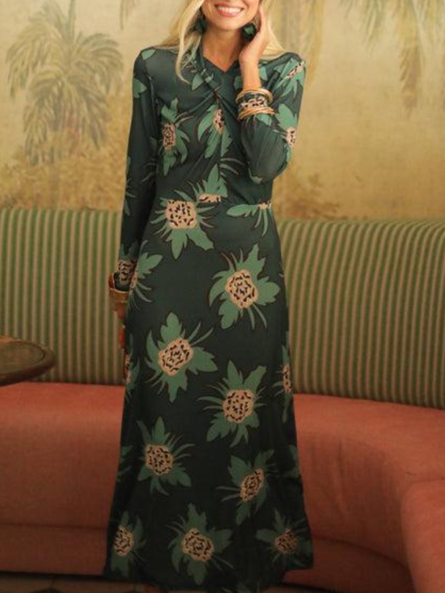 Green Long Sleeve Print Dress