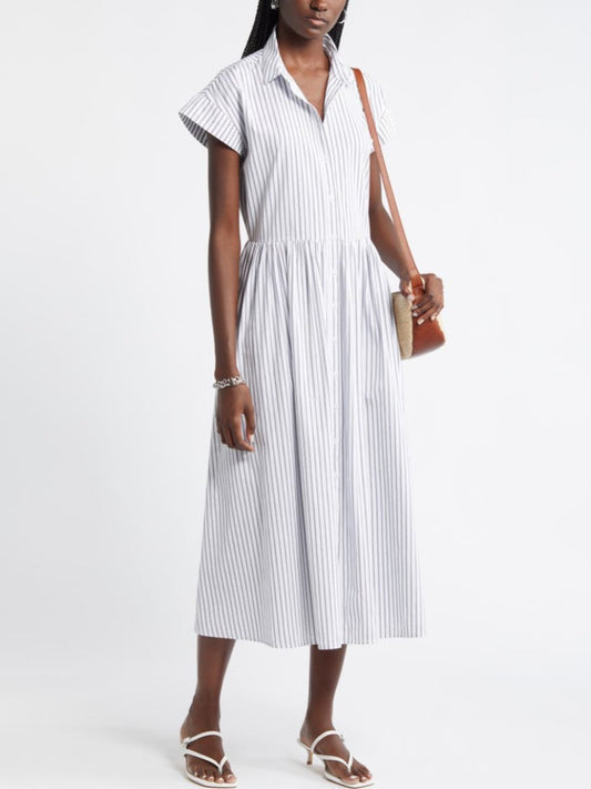 Drop Waist Button Front Cotton Midi Dress