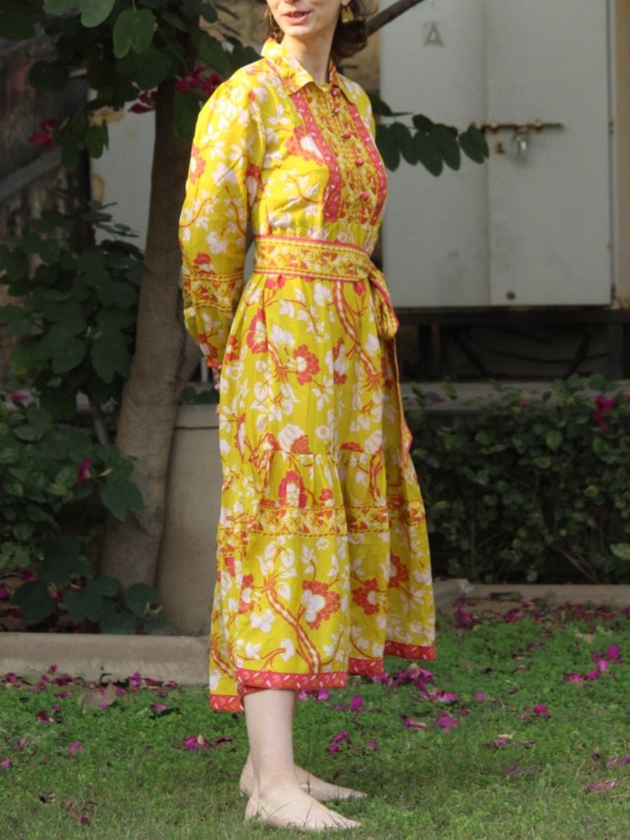 Yellow Block Print Cotton Dress