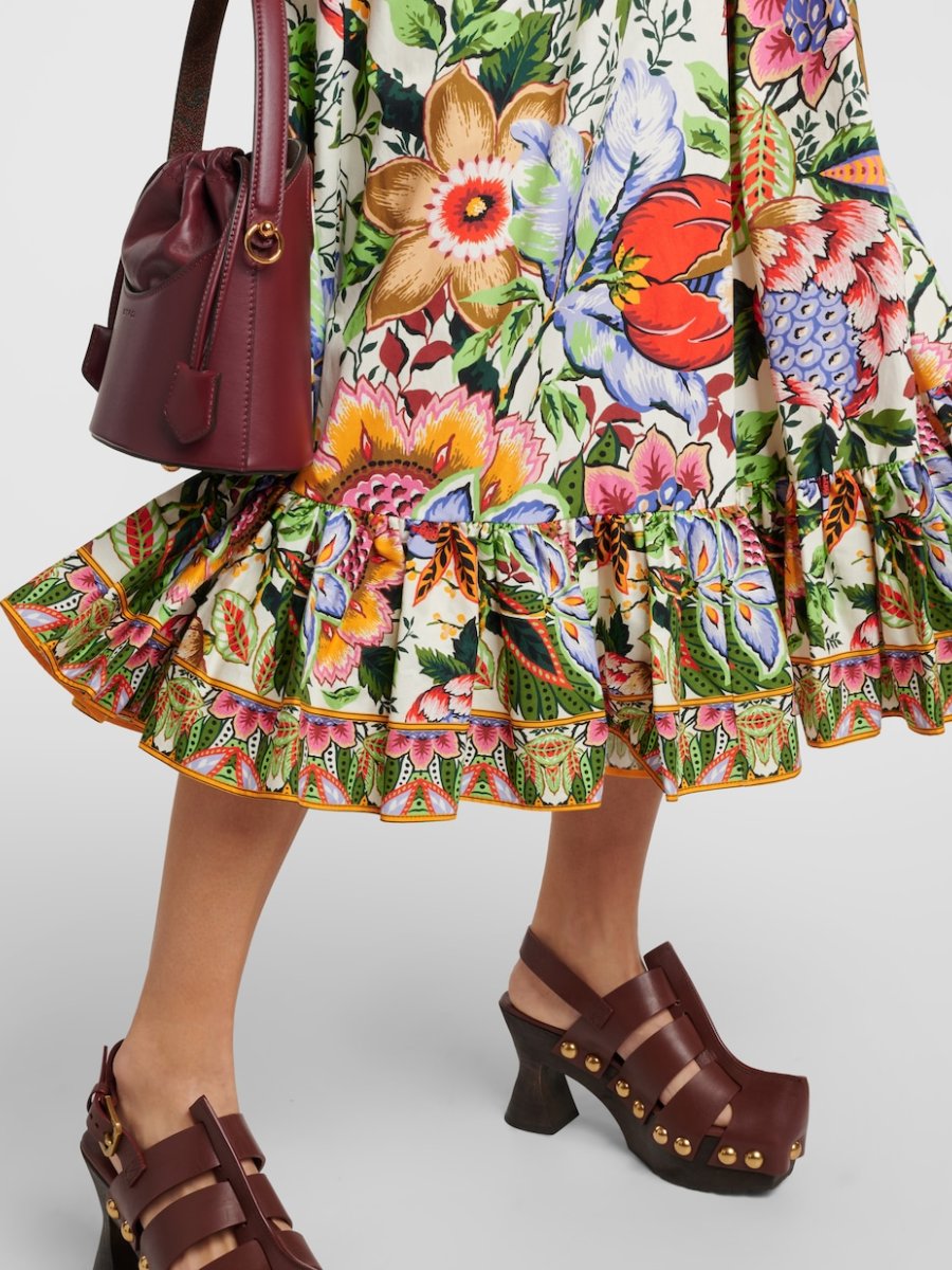 High Rise Floral Cotton Midi Skirt