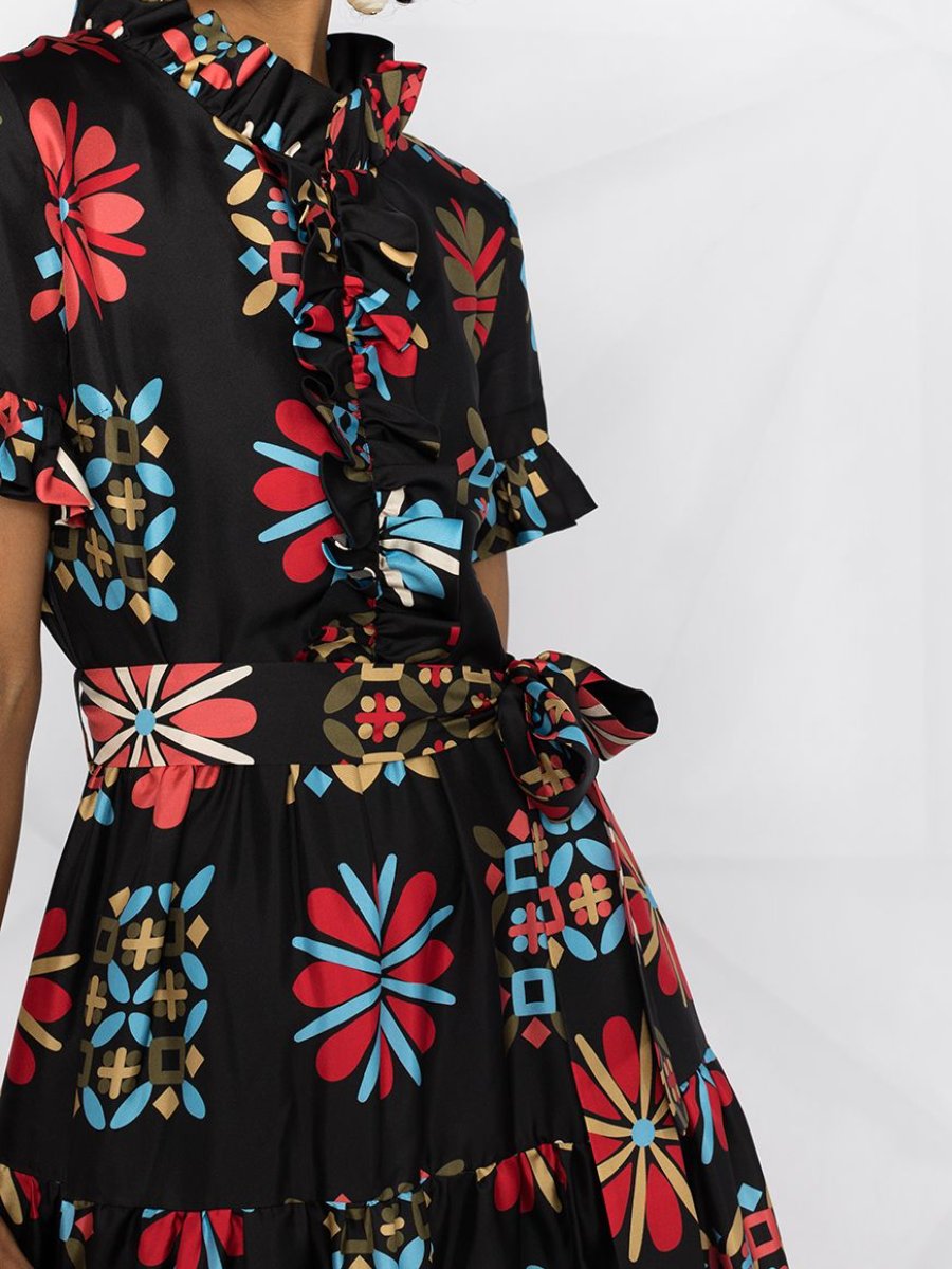 Geometric Print Ruffled Tiered Silk Dress