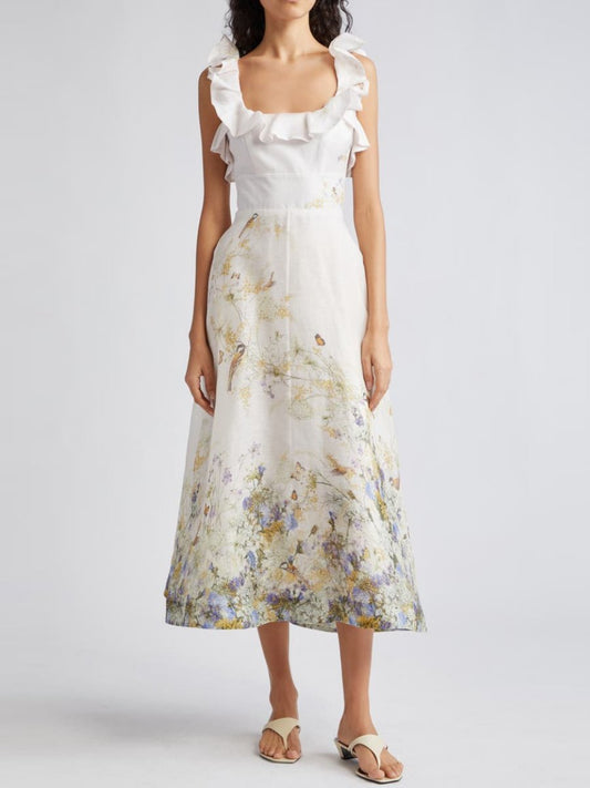 Butterfly Floral Linen & Silk Midi Dress