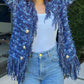 Blue Open Front Fringe Jacket