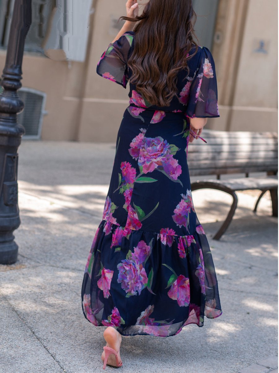 V Neck Chiffon Floral Dress