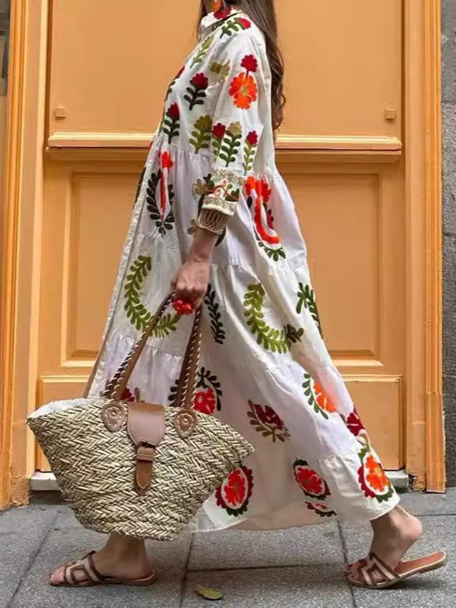 Lapel Print Long Sleeve Single Row Dress