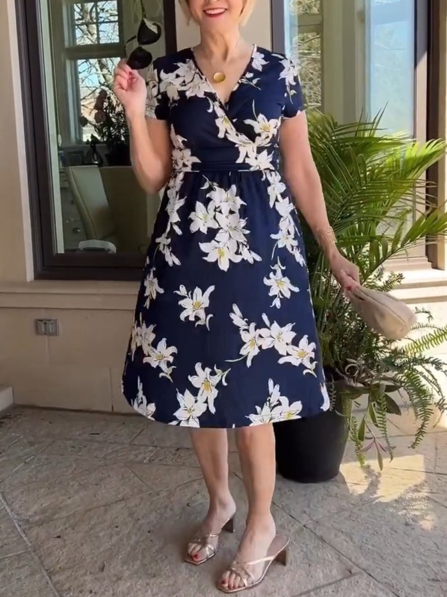 Navy Floral Short Sleeve Dress