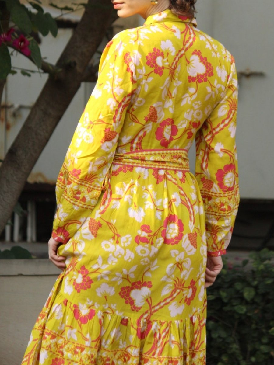 Yellow Block Print Cotton Dress