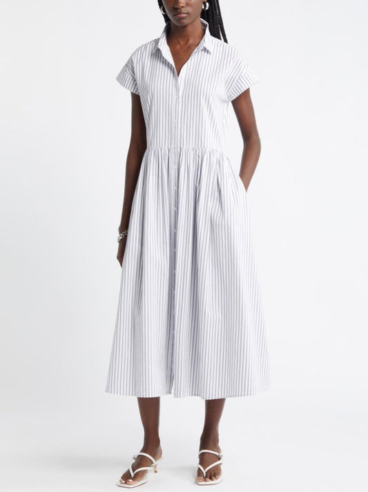 Drop Waist Button Front Cotton Midi Dress