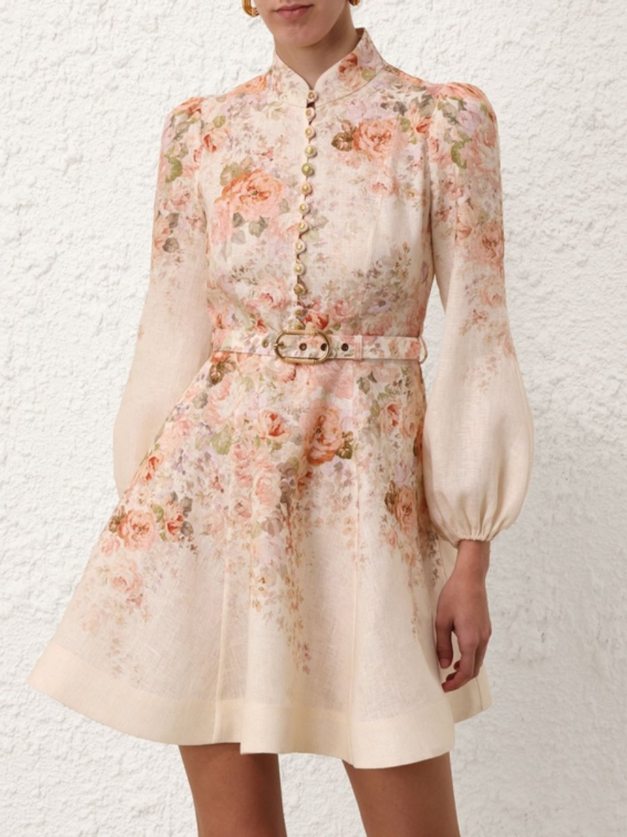 Cream Floral Buttoned Mini Dress