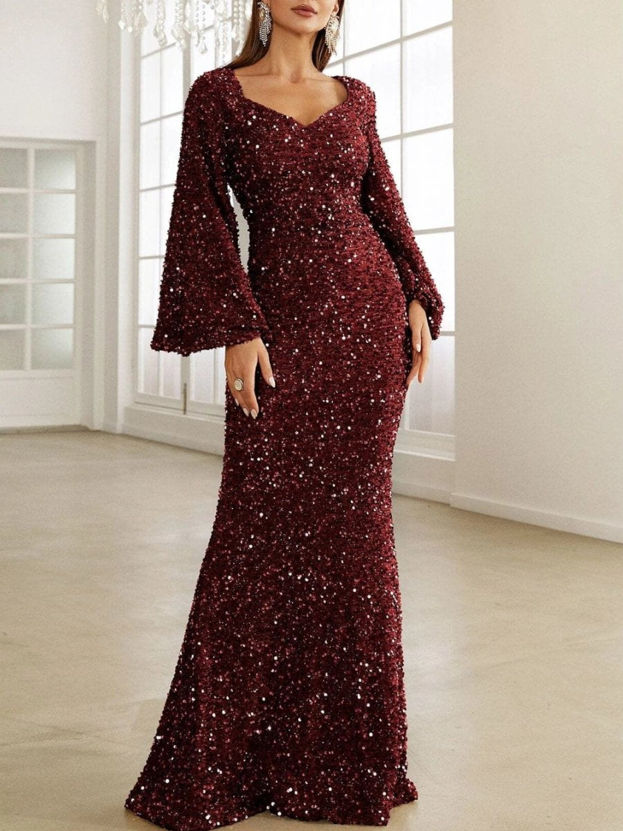 V-Neck Flared Sleeve Evening Dress