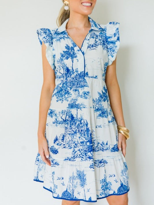 Blue Flutter Sleeve Pattern Dress