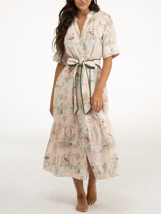 Elegant Flower and Bird Midi Dress