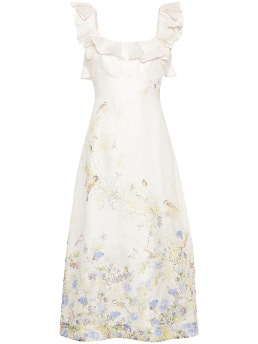 Butterfly Floral Linen & Silk Midi Dress