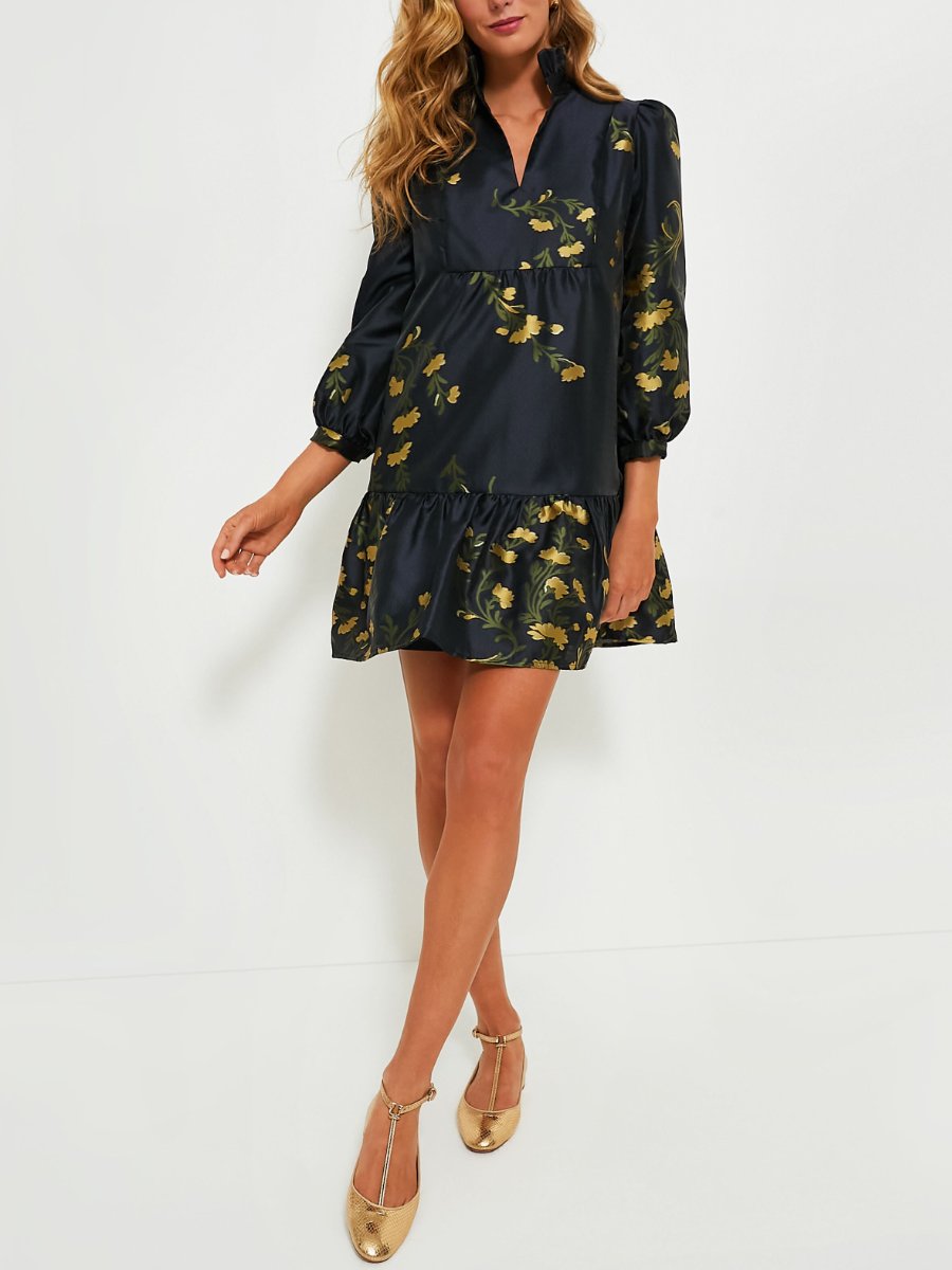 Golden Floral Ruffled Collar Dress