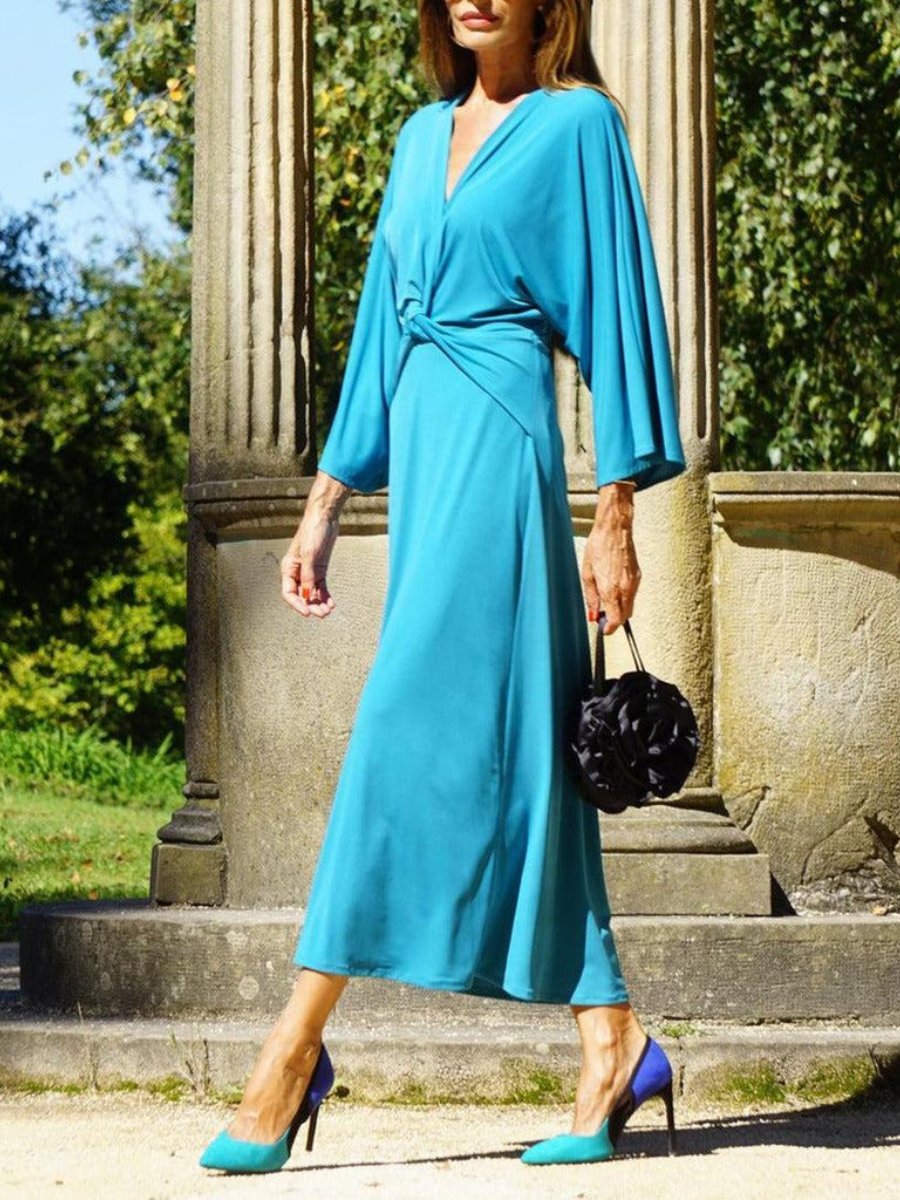 Classy V-Neck Plain Long Sleeve Midi Dress