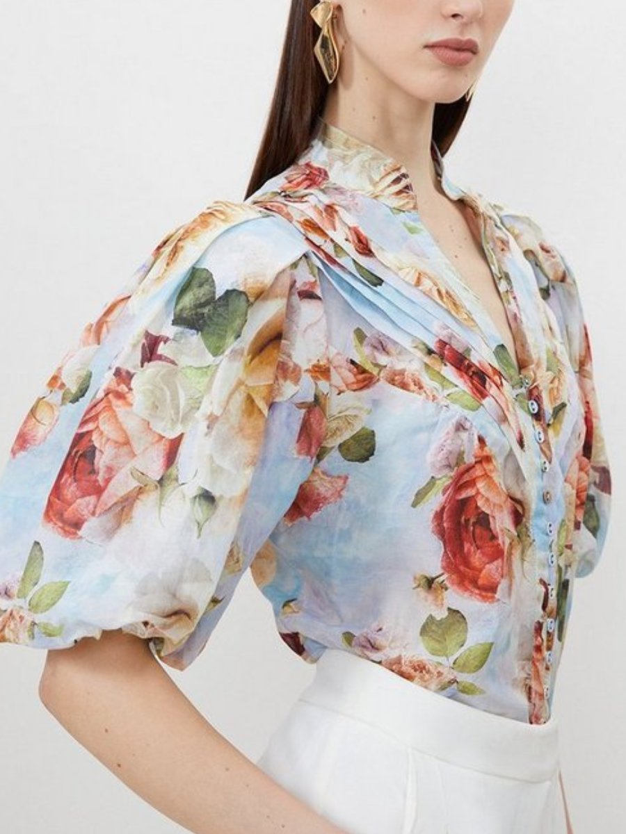 Rose Floral Silk Cotton Woven Blouse