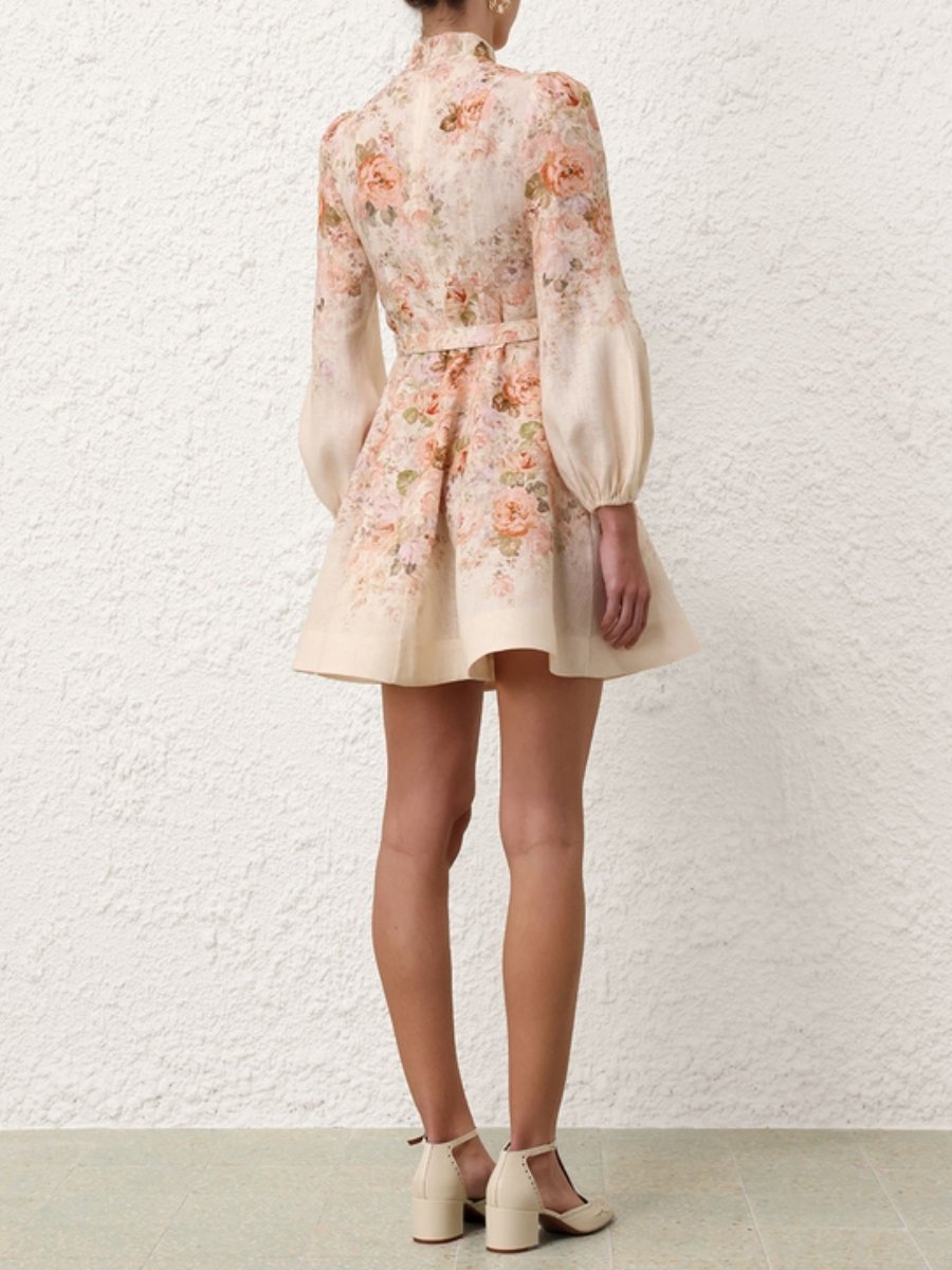 Cream Floral Buttoned Mini Dress