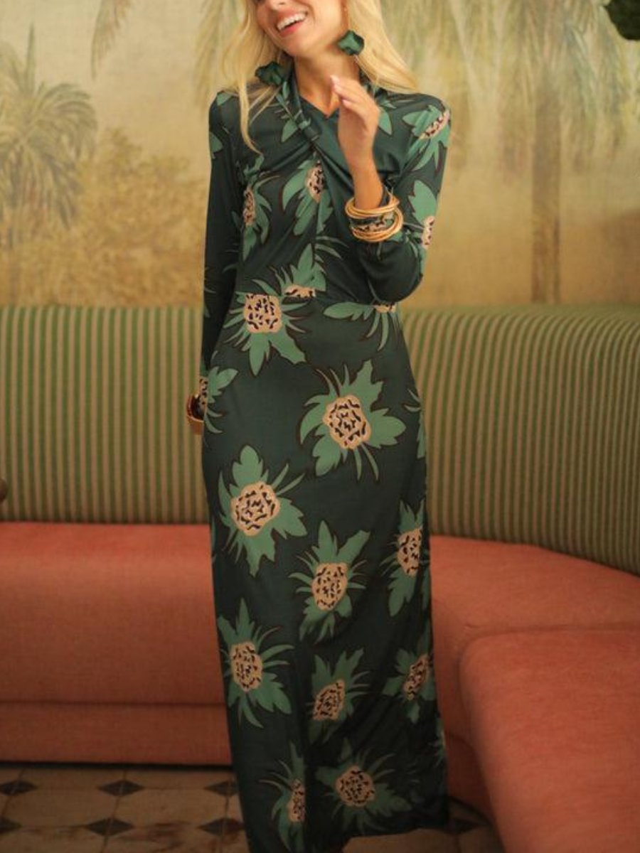 Green Long Sleeve Print Dress