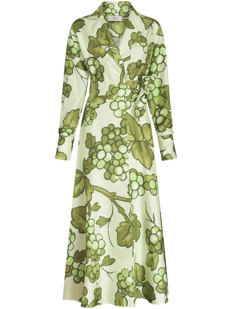 Green Fruit Print Silk Dress