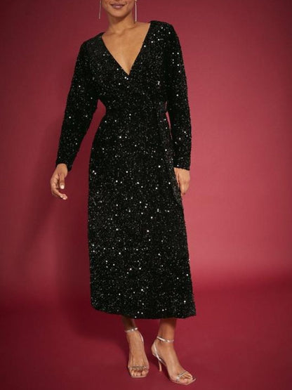 Velvet Sequin Wrap Midi Dress